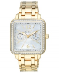 A golden dazzler, by Citizen. This Silhouette watch shines with crystal accents and golden tones. Built with Eco-Drive technology, harnessing both natural and artificial light, never needing a battery. A golden dazzler, by Citizen. This Silhouette watch shines with crystal accents and golden tones. Built with Eco-Drive technology, harnessing both natural and artificial light, never needing a battery.