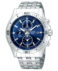 Cool blues lend a tranquil touch to this precise timepiece from Pulsar. Crafted of stainless steel bracelet and round case. Black numerals and stick indices at the bezel. Blue dial features applied silver-tone stick indices at markers, three subdials, date window at three o'clock, three hands and logo. Quartz movement. Water resistant to 50 meters. Three-year limited warranty. Cool blues lend a tranquil touch to this precise timepiece from Pulsar. Crafted of stainless steel bracelet and round case. Black numerals and stick indices at the bezel. Blue dial features applied silver-tone stick indices at markers, three subdials, date window at three o'clock, three hands and logo. Quartz movement. Water resistant to 50 meters. Three-year limited warranty.