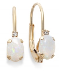 Sparkling perfection. Add a vibrant pop of color to your look with oval-cut opals (3/4 ct. t.w.) and sparkling diamond accents. Crafted in a 14k gold leverback setting. Approximate drop: 3/4 inch. Sparkling perfection. Add a vibrant pop of color to your look with oval-cut opals (3/4 ct. t.w.) and sparkling diamond accents. Crafted in a 14k gold leverback setting. Approximate drop: 3/4 inch.