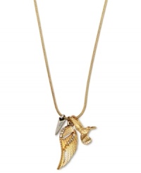 Style that glides you through the day, by RACHEL Rachel Roy. Delicate wing charms shake things up on this golden necklace. Crafted in worn gold tone and silver tone mixed metal. Approximate length: 17-1/2 inches + 2-inch extender. Approximate drop: 1 inch. Style that glides you through the day, by RACHEL Rachel Roy. Delicate wing charms shake things up on this golden necklace. Crafted in worn gold tone and silver tone mixed metal. Approximate length: 17-1/2 inches + 2-inch extender. Approximate drop: 1 inch.