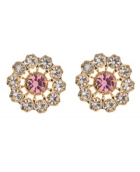 Perfect your look with chic circles packed with sparkle. These intricate studs by Betsey Johnson feature a pink crystal center stone surrounded by round-cut clear crystals. Set in antique gold tone mixed metal. Approximate diameter: 1 inch. Perfect your look with chic circles packed with sparkle. These intricate studs by Betsey Johnson feature a pink crystal center stone surrounded by round-cut clear crystals. Set in antique gold tone mixed metal. Approximate diameter: 1 inch.