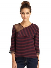 THE LOOKAllover stripesV-neckAsymmetrical lapel on the frontSheer mesh inset at yokeThree-quarter length sleeves with mesh cuffs Side ventsKeyhole back button closureTHE FITAbout 23 from shoulder to hemTHE MATERIALSilkFully linedCARE & ORIGINDry cleanImportedModel shown is 5'8 (172½cm) wearing US size Small. THE LOOKAllover stripesV-neckAsymmetrical lapel on the frontSheer mesh inset at yokeThree-quarter length sleeves with mesh cuffs Side ventsKeyhole back button closureTHE FITAbout 23 from shoulder to hemTHE MATERIALSilkFully linedCARE & ORIGINDry cleanImportedModel shown is 5'8 (172½cm) wearing US size Small.