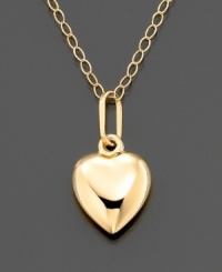 A lovely first necklace for baby, this polished 14k gold puffed heart is suspended from a dainty 15 inch open-link chain. A lovely first necklace for baby, this polished 14k gold puffed heart is suspended from a dainty 15 inch open-link chain.