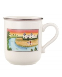 A man trots along a river, surveying the land on horseback on this Design Naif mug, featuring premium Villeroy & Boch porcelain.