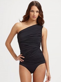 Luxurious jersey is elegantly draped across the body for a feminine silhouette. One shoulder strapAsymmetrical necklineFully lined86% polyamide/14% elastaneHand washImported Luxurious jersey is elegantly draped across the body for a feminine silhouette. One shoulder strapAsymmetrical necklineFully lined86% polyamide/14% elastaneHand washImported