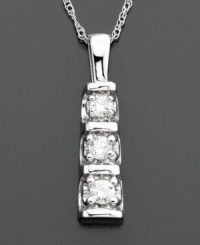 The perfect expression of elegance. Three round-cut diamonds (1/5 ct. t.w.) form a column of sparkle on this beautiful pendant, set in 14k white gold. Chain measures 18 inches; drop measures 3/4 inch. The perfect expression of elegance. Three round-cut diamonds (1/5 ct. t.w.) form a column of sparkle on this beautiful pendant, set in 14k white gold. Chain measures 18 inches; drop measures 3/4 inch.