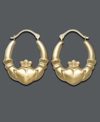 Honor the importance of love, friendship and loyalty with the traditional Irish Claddagh design of these earrings. Thick hoops crafted in 10k gold. Approximate diameter: 1-3/4 inches. Honor the importance of love, friendship and loyalty with the traditional Irish Claddagh design of these earrings. Thick hoops crafted in 10k gold. Approximate diameter: 1-3/4 inches.