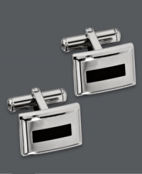 Polish your every day look. These stately cuff links features a stainless steel setting and rectangular black enamel accents. Pair features a swivel backing for easy use. Approximate length: 5/8 inch. Approximate width: 1/2 inch. Polish your every day look. These stately cuff links features a stainless steel setting and rectangular black enamel accents. Pair features a swivel backing for easy use. Approximate length: 5/8 inch. Approximate width: 1/2 inch.