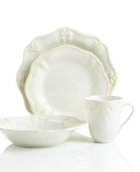With the same vintage style of Butler's Pantry dinnerware, the dishes from Lenox are elegant classics for casual dining. Distinguished by beautifully scalloped rims and a raised leaf design, these Gourmet 4-piece place settings are in creamy shades of ivory. With the same vintage style of Butler's Pantry dinnerware, the dishes from Lenox are elegant classics for casual dining. Distinguished by beautifully scalloped rims and a raised leaf design, these Gourmet 4-piece place settings are in creamy shades of ivory.