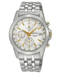 A handsome dress watch with sport functionality, Seiko's chronograph watch goes anywhere. Stainless steel bracelet and round case. White chronograph dial features tachymeter scale at outer ring, goldtone stick indices and hands, date window at three o'clock, three subdials and logo. Quartz movement. Water resistant to 100 meters. Three-year limited warranty. A handsome dress watch with sport functionality, Seiko's chronograph watch goes anywhere. Stainless steel bracelet and round case. White chronograph dial features tachymeter scale at outer ring, goldtone stick indices and hands, date window at three o'clock, three subdials and logo. Quartz movement. Water resistant to 100 meters. Three-year limited warranty.