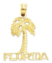 Boldly show your love for the sunshine state! This 14k gold charm reads Florida underneath a tall palm tree. Chain not included. Approximate drop length: 9/10 inch. Approximate drop width: 7/10 inch. Boldly show your love for the sunshine state! This 14k gold charm reads Florida underneath a tall palm tree. Chain not included. Approximate drop length: 9/10 inch. Approximate drop width: 7/10 inch.