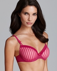 A sexy tonal stripe bra with lace trim and satin bow detail at front. Light padded with underwire for extra support. Adjustable straps that converts to a racerback. Hook/eye closure. Style #723803 A sexy tonal stripe bra with lace trim and satin bow detail at front. Light padded with underwire for extra support. Adjustable straps that converts to a racerback. Hook/eye closure. Style #723803