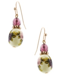 A vintage effect. 2028's unique double beaded drop earrings feature floral enamel beads and simulated semi-precious amethyst. Set in rose gold tone mixed metal. Approximate drop: 1-1/2 inches. A vintage effect. 2028's unique double beaded drop earrings feature floral enamel beads and simulated semi-precious amethyst. Set in rose gold tone mixed metal. Approximate drop: 1-1/2 inches.
