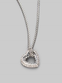From the Cable Heart Collection. A petite heart of cabled sterling silver, outlined in pavé diamonds on a silver box chain. Diamonds, 0.19 tcw Sterling silver Chain length, about 16 Pendant length, about ½ Lobster clasp Made in USA From the Cable Heart Collection. A petite heart of cabled sterling silver, outlined in pavé diamonds on a silver box chain. Diamonds, 0.19 tcw Sterling silver Chain length, about 16 Pendant length, about ½ Lobster clasp Made in USA