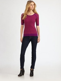 An unbelievably soft cashmere top with a hint of colorblocking and an intriguing, reverse-stitch pattern.Round neckRaglan sleevesPull-on styleAbout 25 from shoulder to hemCashmereDry cleanImported Model shown is 5'10½ (179cm) wearing US size Small. An unbelievably soft cashmere top with a hint of colorblocking and an intriguing, reverse-stitch pattern.Round neckRaglan sleevesPull-on styleAbout 25 from shoulder to hemCashmereDry cleanImported Model shown is 5'10½ (179cm) wearing US size Small.
