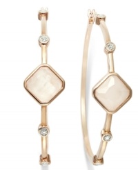 Classic earrings get a sparkly update. Victoria Townsend's stunning hoop earrings feature square-cut rose quartz (2-3/4 ct. t.w.) and sparkling diamond accents in 18k gold over sterling silver. Approximate diameter: 2-3/4 inches. Classic earrings get a sparkly update. Victoria Townsend's stunning hoop earrings feature square-cut rose quartz (2-3/4 ct. t.w.) and sparkling diamond accents in 18k gold over sterling silver. Approximate diameter: 2-3/4 inches.