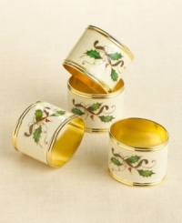 Set your table with festive flourish. From the charming Holiday Nouveau collection by Lenox, this napkin ring set features the classic holly sprig crest on warm ivory, perfect for using year after year. Each measures 3. Set your table with festive flourish. From the charming Holiday Nouveau collection by Lenox, this napkin ring set features the classic holly sprig crest on warm ivory, perfect for using year after year. Each measures 3.