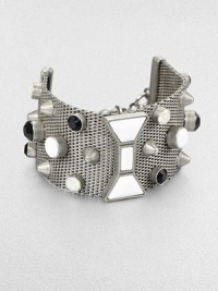 A wide cuff of silvery mesh is dotted with faceted glass stones and studs, plus a bow-shaped centerpiece in front.GlassSilvertone finishLength, about 7Bold spring ring claspImported A wide cuff of silvery mesh is dotted with faceted glass stones and studs, plus a bow-shaped centerpiece in front.GlassSilvertone finishLength, about 7Bold spring ring claspImported