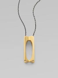 A unique 3D design with a hallow oval center; plated in 23k gold. Sterling silver Sterling silver chain Length, about 22 to 24 adjustable Pendant size, about 1½L X ½ W Lobster clasp closure Imported 