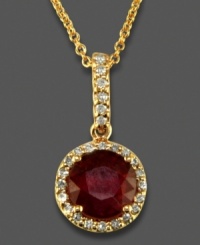 Wear a drop of love. This eye-catching pendant features an oval-cut ruby (1-5/8 ct. t.w.) and round-cut diamonds (1/8 ct. t.w.) in a shining 14k rose gold setting. Approximate chain length: 18 inches. Approximate drop: 1 inch.
