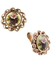 Make a cameo appearance. 2028's vintage-themed clip-on earrings features a beautiful floral resin design set in rose gold tone mixed metal. Approximate diameter: 3/4 inch. Make a cameo appearance. 2028's vintage-themed clip-on earrings features a beautiful floral resin design set in rose gold tone mixed metal. Approximate diameter: 3/4 inch.