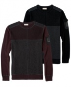This pieced and color-blocked sweater from DKNY Jeans offers a modern look and a warm cozy feel.