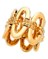 Your link to golden beauty. This stretch ring by T Tahari features a link pattern accented with crystal embellishments. Crafted in 14k gold-plated mixed metal. Base metal is nickel-free for sensitive skin. Ring stretches to finger. Your link to golden beauty. This stretch ring by T Tahari features a link pattern accented with crystal embellishments. Crafted in 14k gold-plated mixed metal. Base metal is nickel-free for sensitive skin. Ring stretches to finger.