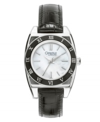 Make a sophisticated statement with this luminous watch by Caravelle by Bulova. Black croc-embossed leather strap and round silver tone mixed metal case. Black anodized aluminum bezel with silver tone Roman numerals. White mother-of-pearl dial features silver tone stick indices, three hands and logo. Quartz movement. Water resistant to 30 meters. Two-year limited warranty. Make a sophisticated statement with this luminous watch by Caravelle by Bulova. Black croc-embossed leather strap and round silver tone mixed metal case. Black anodized aluminum bezel with silver tone Roman numerals. White mother-of-pearl dial features silver tone stick indices, three hands and logo. Quartz movement. Water resistant to 30 meters. Two-year limited warranty.