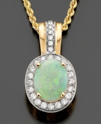 A beautiful oval-cut opal center accent gives an almost mysterious quality to this gorgeous pendant. Featuring round-cut diamonds (1/3 ct. t.w.) and opal (1-1/2 ct. t.w.) set in 14k gold. Approximate length: 18 inches. Approximate drop: 3/4 inch. A beautiful oval-cut opal center accent gives an almost mysterious quality to this gorgeous pendant. Featuring round-cut diamonds (1/3 ct. t.w.) and opal (1-1/2 ct. t.w.) set in 14k gold. Approximate length: 18 inches. Approximate drop: 3/4 inch.