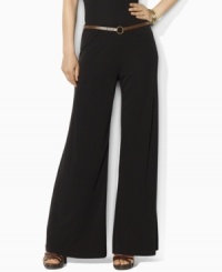 One of the season's most versatile pieces, Lauren by Ralph Lauren's pant is tailored in smooth matte jersey and features a wide flowing leg for a flattering silhouette. One of the season's most versatile pieces, Lauren by Ralph Lauren's pant is tailored in smooth matte jersey and features a wide flowing leg for a flattering silhouette.