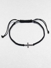 From the Zasha Collection. A plaited design that features a rich black diamond accented 14k white gold cross. Silk cordBlack diamonds, .06 tcw14k white goldLength, about 7Knotted closureImported From the Zasha Collection. A plaited design that features a rich black diamond accented 14k white gold cross. Silk cordBlack diamonds, .06 tcw14k white goldLength, about 7Knotted closureImported