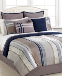 Calm, cool and collected. This jacquard woven La Fauburg comforter set offers modern stripes and distinct textures in a soothing palette of blues, greys and tans. Coordinating bedskirt, European shams and decorative pillows complete this decidedly serene atmosphere. Calm, cool and collected. This jacquard woven La Fauburg comforter set offers modern stripes and distinct textures in a soothing palette of blues, greys and tans. Coordinating bedskirt, European shams and decorative pillows complete this decidedly serene atmosphere.