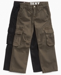 He'll be keen on these cargo pants from DKNY, with enough pockets for him to stash all the necessary tools for his on-the-go lifestyle. He'll be keen on these cargo pants from DKNY, with enough pockets for him to stash all the necessary tools for his on-the-go lifestyle.