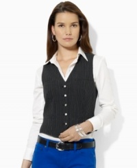 Crafted in luxurious pinstriped wool, Lauren by Ralph Lauren's chic vest is finished with stirrup-accented buttons and an equestrian-inspired print at the back for heritage-infused style. (Clearance)