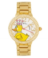 You would be a quack to look past this delightful timepiece from Betsey Johnson. Crafted of gold tone mixed metal bracelet and round case. Bezel embellished with crystal accents. White dial features duck with four crystal accents, gold tone applied numerals, luminous hour and minute hands, signature fuchsia second hand and logo. Quartz movement. Water resistant to 30 meters. Two-year limited warranty. You would be a quack to look past this delightful timepiece from Betsey Johnson. Crafted of gold tone mixed metal bracelet and round case. Bezel embellished with crystal accents. White dial features duck with four crystal accents, gold tone applied numerals, luminous hour and minute hands, signature fuchsia second hand and logo. Quartz movement. Water resistant to 30 meters. Two-year limited warranty.