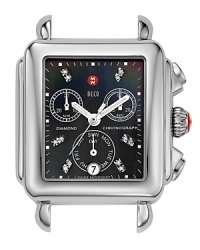 Twelve sparkling diamonds mark the hours on the dial of this Deco Day watch head. Swiss chronograph movement along with signature Michele touches complete the look. Fits with any 18 mm Michele strap. Twelve sparkling diamonds mark the hours on the dial of this Deco Day watch head. Swiss chronograph movement along with signature Michele touches complete the look. Fits with any 18 mm Michele strap.