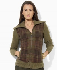 Knit in cozy lambswool, Lauren Ralph Lauren's full-zip petite cardigan is finished with a muted plaid pattern at the front and chunky knit funnel neckline for style and warmth. Knit in cozy lambswool, Lauren Ralph Lauren's full-zip petite cardigan is finished with a muted plaid pattern at the front and chunky knit funnel neckline for style and warmth.