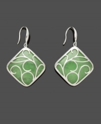 The look of serenity, this peaceful style is both calm and cool. Crafted from solid, square-shaped jade (28 mm), a swirling sterling silver overlay adds the perfect final touch. Approximate drop: 1-3/4 inches.