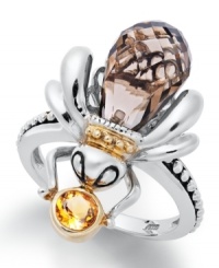 Create a buzz with this statement maker. Set in sterling silver and 14k gold, this delightful bee ring shines with the addition of smokey quartz (4-1/2 ct. t.w.) and citrine (1/4 ct. t.w.). Size 7. Create a buzz with this statement maker. Set in sterling silver and 14k gold, this delightful bee ring shines with the addition of smokey quartz (4-1/2 ct. t.w.) and citrine (1/4 ct. t.w.). Size 7.