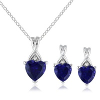 Sterling Silver Created Blue Sapphire and Diamond-Accent Heart Earrings and Pendant Necklace Set, 18