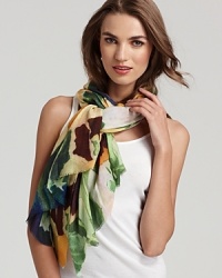 Soft abstract flowers decorate this luxurious cashmere and silk scarf from Bindya. Soft abstract flowers decorate this luxurious cashmere and silk scarf from Bindya.