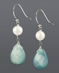 Polished to perfection. Sweet sea blue drops in chalcedony (13-3/4 ct. t.w.) combine with cultured freshwater pearls (5-5-1/2 mm) for a look of delicate sophistication. Crafted in sterling silver. Approximate drop: 1-1/2 inches. Polished to perfection. Sweet sea blue drops in chalcedony (13-3/4 ct. t.w.) combine with cultured freshwater pearls (5-5-1/2 mm) for a look of delicate sophistication. Crafted in sterling silver. Approximate drop: 1-1/2 inches.