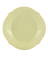 With fanciful beading and a feminine edge, this Lenox French Perle tidbit plates have an irresistibly old-fashioned sensibility. Hardwearing stoneware is dishwasher safe and, in a soft pistachio hue with antiqued trim, a graceful addition to any meal. With fanciful beading and a feminine edge, this Lenox French Perle tidbit plates have an irresistibly old-fashioned sensibility. Hardwearing stoneware is dishwasher safe and, in a soft pistachio hue with antiqued trim, a graceful addition to any meal.