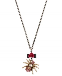 Enter Betsey Johnson's web of influence with this pendant necklace, featuring a spider motif. Crafted from gold-tone mixed metal and adorned with flower details and glass crystal accents, the pendant is an eight-legged friend to enjoy. Approximate length: 16 inches + 3-inch extender. Approximate drop: 1-1/4 inches. Enter Betsey Johnson's web of influence with this pendant necklace, featuring a spider motif. Crafted from gold-tone mixed metal and adorned with flower details and glass crystal accents, the pendant is an eight-legged friend to enjoy. Approximate length: 16 inches + 3-inch extender. Approximate drop: 1-1/4 inches.