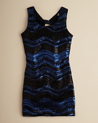 Sequins sparkle in mesmerizing waves on this stylish dress from Elisa B. finished with a cutout and twist at the upper back. Sequins sparkle in mesmerizing waves on this stylish dress from Elisa B. finished with a cutout and twist at the upper back.