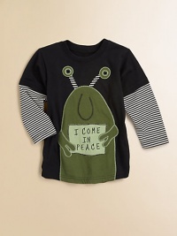 An adorable alien announces I Come in Peace, appliquéd on the front of a fun tee with layered-look sleeves.Ribbed crewneckLong sleeves with layered look stripesFront appliquéd designCottonMachine washImported An adorable alien announces I Come in Peace, appliquéd on the front of a fun tee with layered-look sleeves.Ribbed crewneckLong sleeves with layered look stripesFront appliquéd designCottonMachine washImported