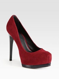 A chic staple for any occasion, this suede pump has a sturdy heel and partially hidden, patent leather platform. Plastic heel, 4 (100mm)Partially hidden patent leather platform, 1 (25mm)Compares to a 3 heel (75mm)Suede upperLeather lining and solePadded insoleImportedOUR FIT MODEL RECOMMENDS ordering one size up as this style runs small. A chic staple for any occasion, this suede pump has a sturdy heel and partially hidden, patent leather platform. Plastic heel, 4 (100mm)Partially hidden patent leather platform, 1 (25mm)Compares to a 3 heel (75mm)Suede upperLeather lining and solePadded insoleImportedOUR FIT MODEL RECOMMENDS ordering one size up as this style runs small.