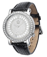 Killer queen: exotic black leather, swirling crystal accents, bold pave stones and Juicy Couture's timeless precision combine to make this Queen Couture collection timepiece a must-own. Killer queen: exotic black leather, swirling crystal accents, bold pave stones and Juicy Couture's timeless precision combine to make this Queen Couture collection timepiece a must-own.