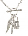 Silver Rhodium Plated Juicy Inspired Crystal Pavé Padlock, Key and Angel Wing Multicharm Front Toggle Couture Necklace