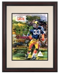 A huge win for Pitt fans, this brilliant program cover was the official kickoff to the 1977 Gator Bowl. The Tigers barely put up a fight, falling to the Panthers 34-3. With a cherry-finished frame, this incredible souvenir is an inspiration on game day. A huge win for Pitt fans, this brilliant program cover was the official kickoff to the 1977 Gator Bowl. The Tigers barely put up a fight, falling to the Panthers 34-3. With a cherry-finished frame, this incredible souvenir is an inspiration on game day.